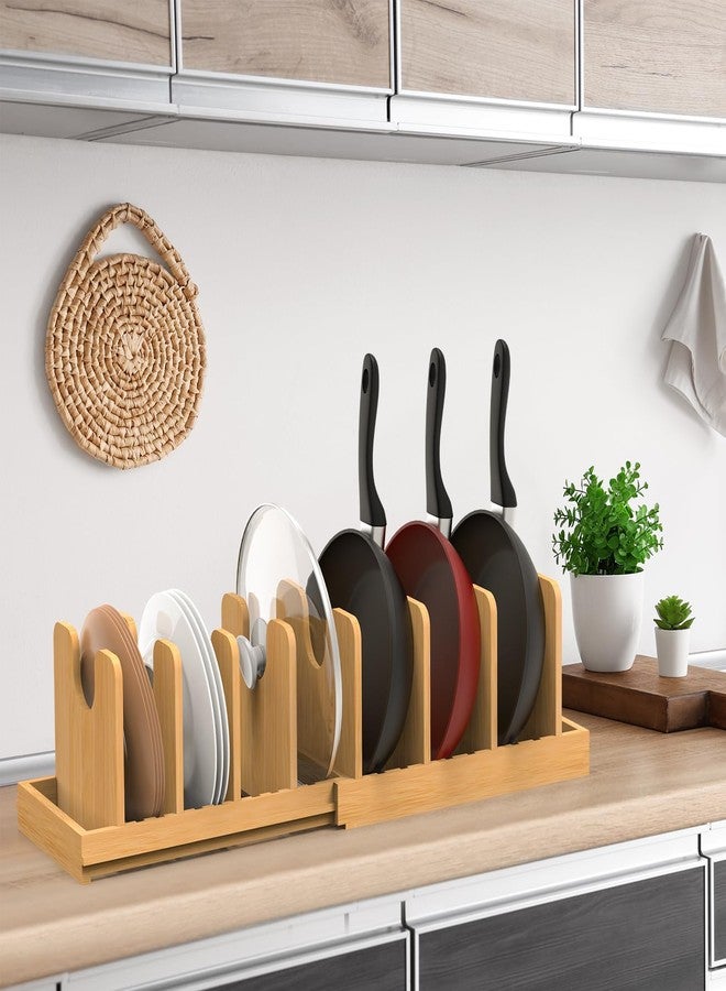 FoverOne Expandable Pot Lid Organizer, Bamboo Pot and Pan Organizer for Under Cabinet, 16" to 28" Adjustable Length and 10 Dividers - Image 4